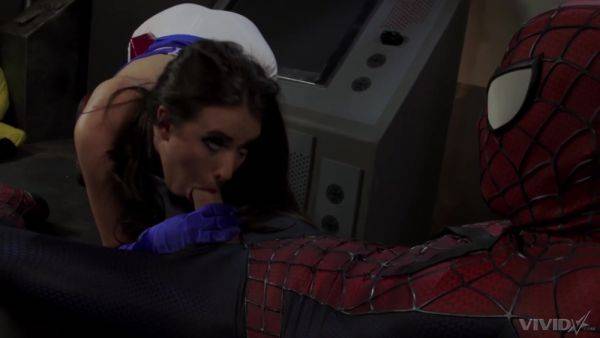 Slender brunette tries Spider man's endless dick in each of her holes - xbabe.com on pornsfind.com