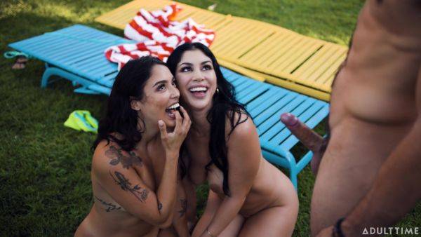 Nude babes share dick in backyard FFM scenes and swallow cum togther - xbabe.com on pornsfind.com