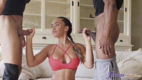 Stream this HD scene called : Fitness Threesome - Big Tits Tight Fit Babe Needs 2 Cock Workout - Jesus Reyes