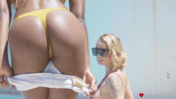 Watch full video named : Interracial Latina Swimsuit Babes Make Out Outdoors by the Pool - Lya Missy