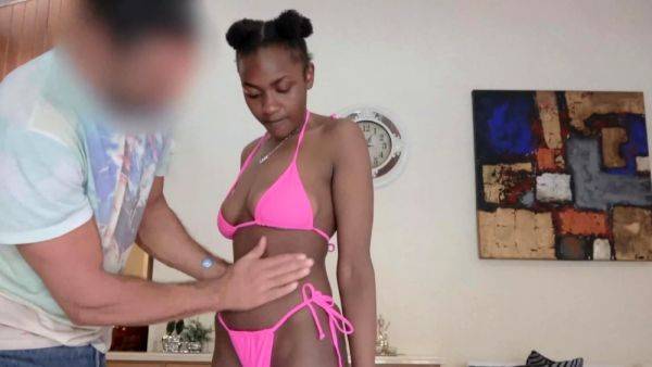 Stream this full scene of : Cute Black Bikini Model Deepthroat Casting
