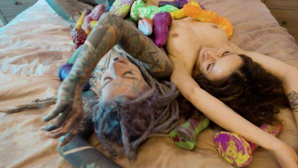 Watch this uncut scene of : Inked babe and her lezzie bestie share top home perversions in bed