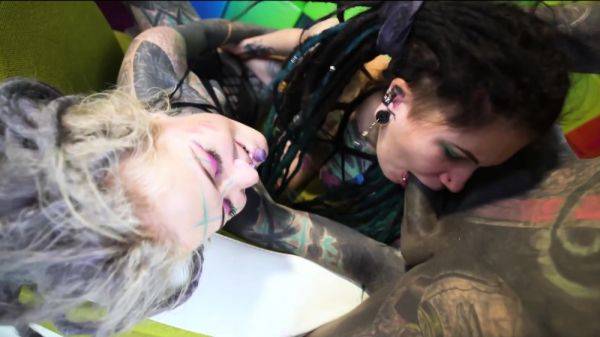 View the full movie called : Tattooed girls take a cock up their gaping asses