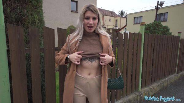 View the full video of : Blonde Marsianna Amoon flashes her small tits in public and takes money for the best bareback sex