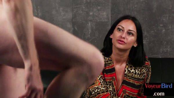 View uncensored scene named : CFNM voyeur busty MILF teases her sub who jerks cock 4 her