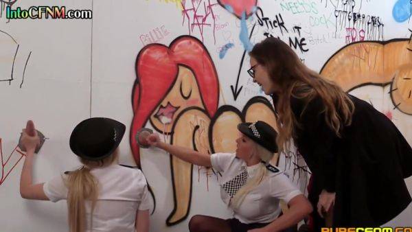 Play this full scene : CFNM police ladies jerk gloryhole cock in orgy handjob