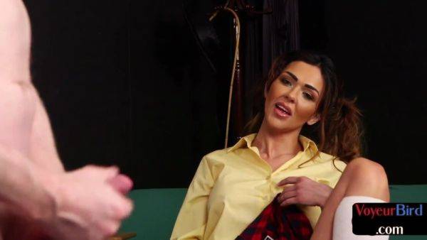 View hardcore clip : CFNM voyeur in college uniform teases wanker till cumshot