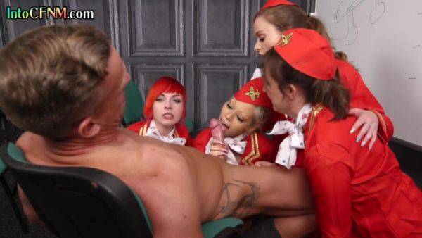 Watch this full movie named : CFNM stewardesses suck and jerk guys cock in group BJ
