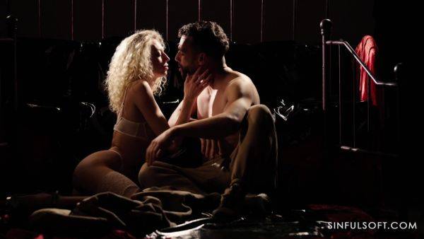 Watch this uncensored clip of : Curly blonde loudly begs the man to come inside her while on top of his dick