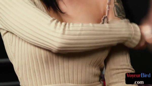 Watch the uncut clip called : Voyeur British femdom MILF teases wanker who jerks cock