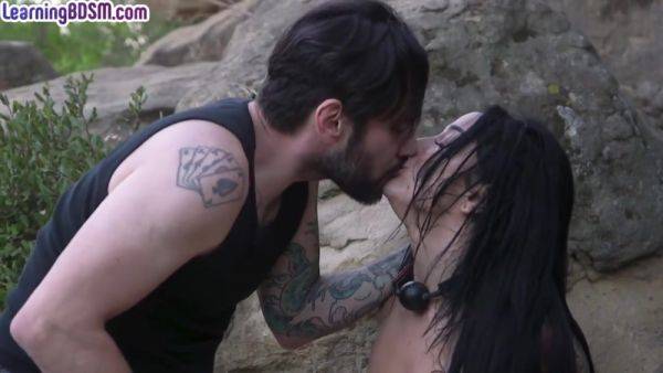Stream uncensored movie named : Submissive BDSM tattooed babe throat fucked outdoor