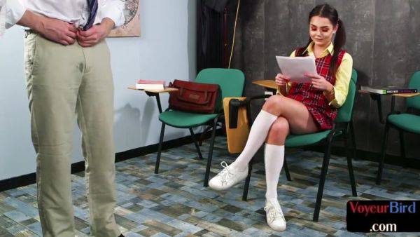 Stream this complete video of : Voyeur CFNM college uniform GF teases professor who jerks