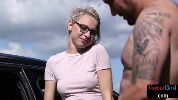 Watch the hardcore video named : 21yo voyeur GF teases her BF who jerks cock outdoor by car