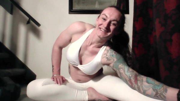 View hardcore video titled : Muscle Girl In White Yoga Pants Stretching And Workout Live Stream Recording