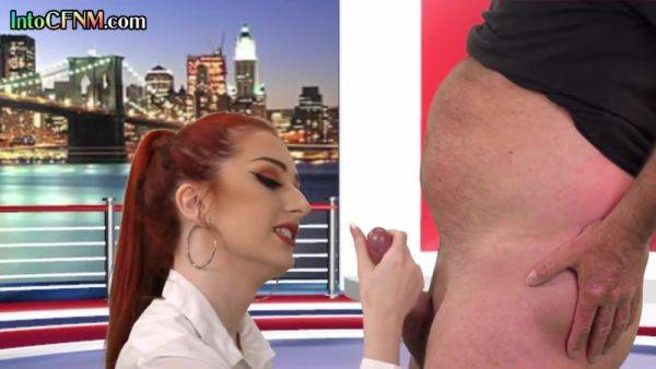 Play uncensored video called : CFNM redhead British babe sucks cock in live TV show