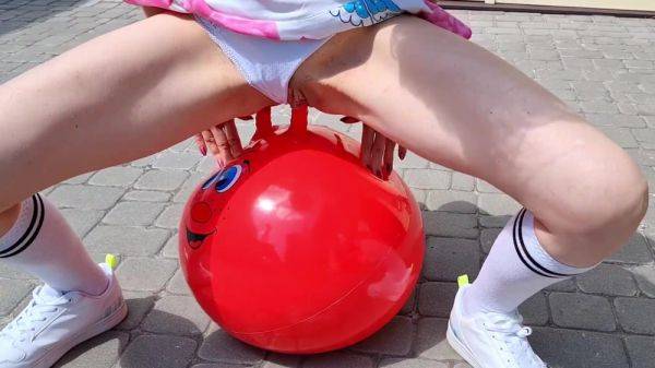 Fortunately there are two horns on the gym ball that I can ride in my outdoor solo session - anysex.com on pornsfind.com