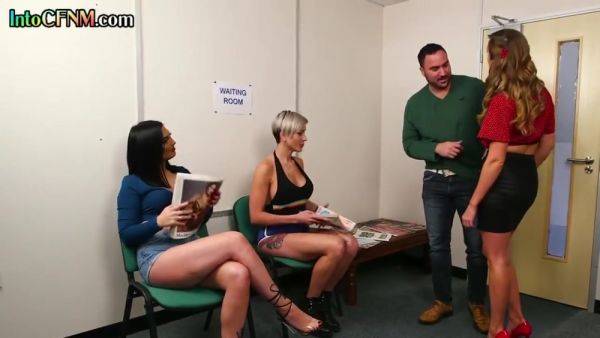 Play the HD movie titled : CFNM waiting room BJ MILFS suck lucky cock in group