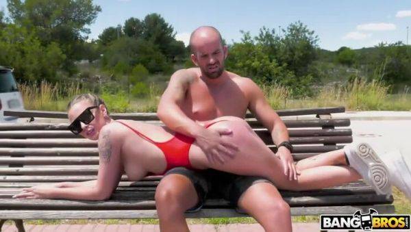 Watch complete scene called : Bilbao's Wild Ride: Lya Missy's Outdoor Sex Bench Adventure
