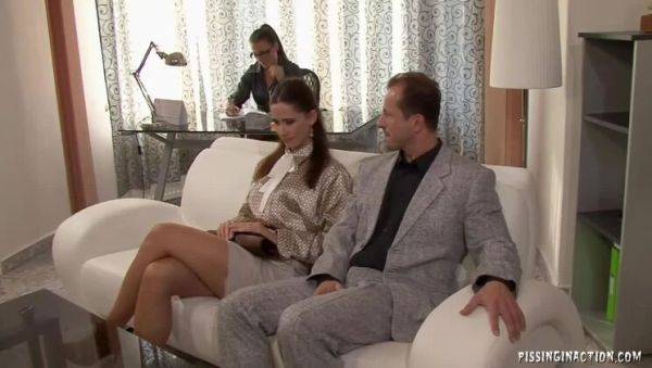 Enjoy watching the hardcore movie titled : Elegant Threesome with Pepper & Simon: Lingerie, Stockings, and Piss Play