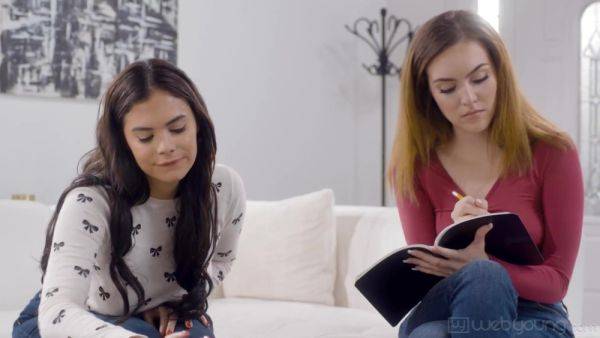 Watch the uncensored scene : Lesbian lovergirls Freya Parker and Violet Starr fuck on the couch