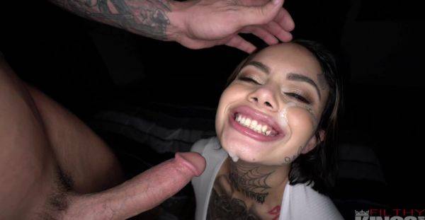 Enjoy watching full scene called : Sweet babe with sexy tattoos gets intimate with a big dick until sperm covers her face