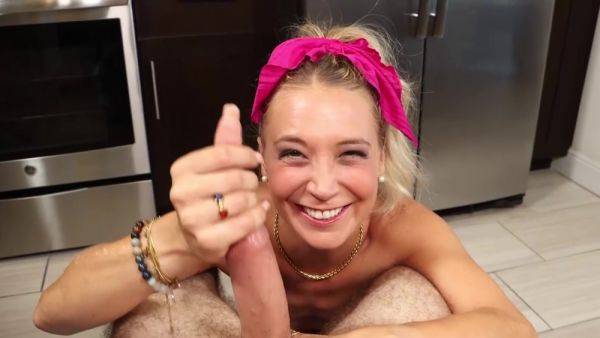 Enjoy watching full video called : Fine blonde rubs dick with both hands in a smashing home oral