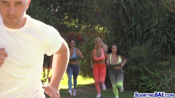 View uncut clip called : Squirting babes enjoy sharing big cock while fucking hard