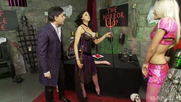 View the complete clip : Jasmine's Big-Titted Threesome in the Horror Store