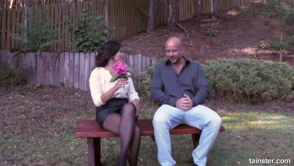 View the uncensored scene titled : Brunette MILF in Lingerie & Stockings Gets Ravished Outdoors