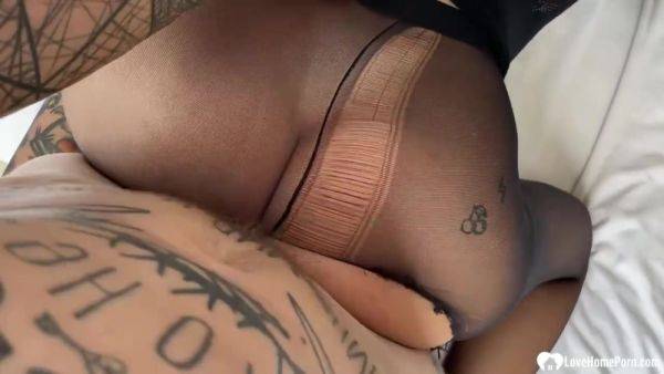 View the HD scene : Beauty in black pantyhose rides a cock