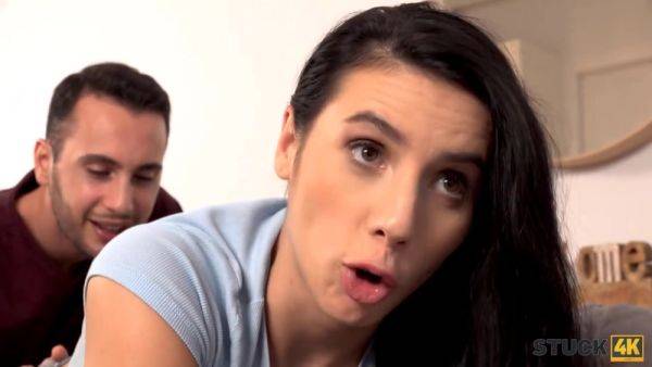 View the complete clip : STUCK4K. Guy's meaty boner dives into brunette roommate's shaved pussy