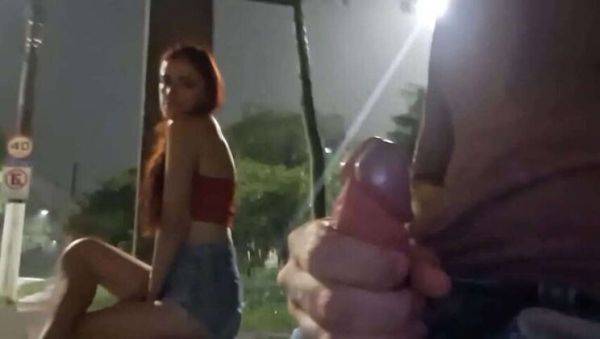 Risky Hand Job on the Street for Redhead at Bus Stop - porntry.com on pornsfind.com