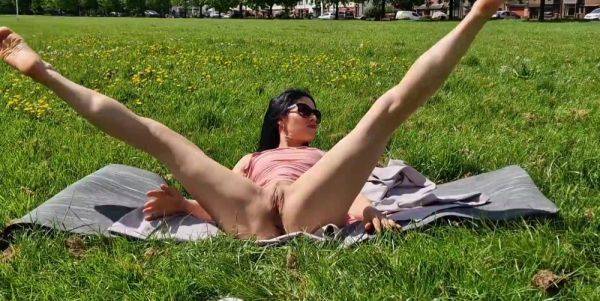 Brunette milf flashing pussy and pissing in a public park - anysex.com on pornsfind.com