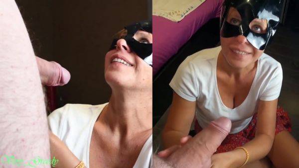 Milf With The Mask Sucks Off Her Husband & Gets A Huge Load On His Face Then Licks The Cum - Cat Woman - hclips.com on pornsfind.com