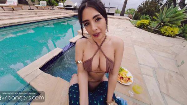 Busty Brunette Tru Kait gives a blowjob in the outdoor pool - anysex.com on pornsfind.com