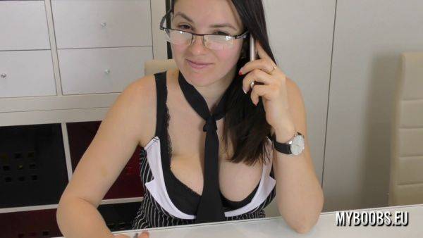 Naughty German MILF with massive natural tits plays with her huge boobs at work - sexu.com - Germany on pornsfind.com