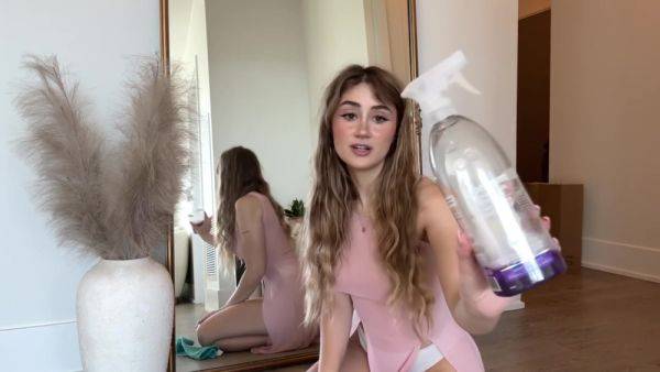 Sexy Blonde Twerks Her Big Butt As She Cleans The Mirror In A Sheer Dress - hclips.com on pornsfind.com