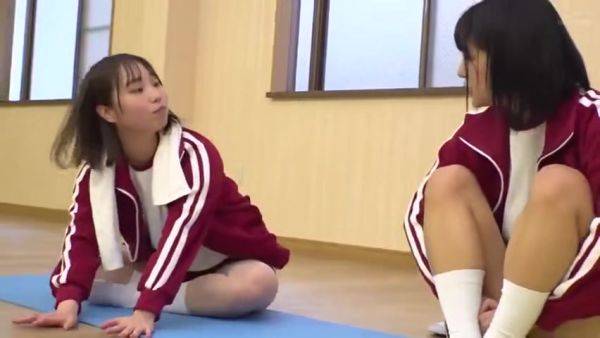 Two beautiful girls in gym clothes lay down a mat and rub and lick the cute breasts of their gymnastics friend - senzuri.tube on pornsfind.com