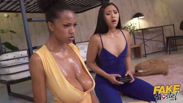 Asian Teen May & Ebony Babe Tina: Intense Gaming Leads to Sweaty Threesome - xxxfiles.com on pornsfind.com