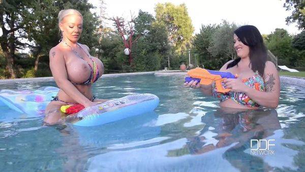 Floating Gazongas: Two British Bombshells With Big Tits In The Pool - porntry.com - Britain on pornsfind.com