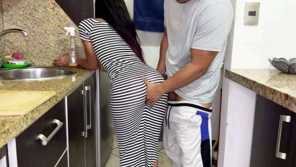 Enjoy watching full scene called : Hot Stepdaughter in Tight Dress Cleaning Kitchen with Big Ass - Anal Taboo Scene