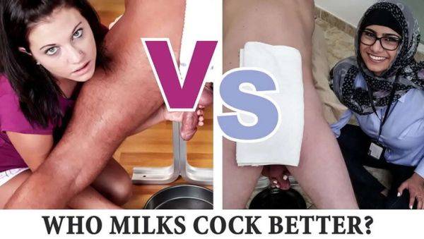 View uncensored movie named : Mia Khalifa & Brandi Belle - Hot Handjob Battle! Cock Milking Challenge Part 2