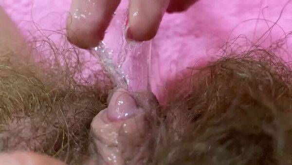 Enjoy watching the hardcore video of : Cutieblonde's Hairy Pussy Squirts in Extreme Close-Up with Big Clit Orgasm
