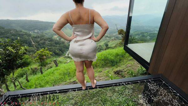 Play the uncut scene : Chubby Secretary Fucks Boss on Balcony in Satin Dress - Outdoor Risky Sex