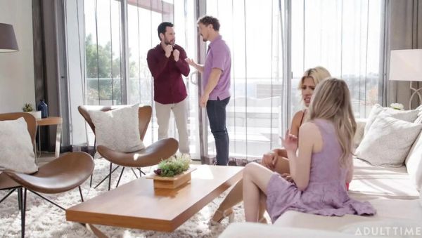 Watch the uncensored clip of : Horny Hotwife Scarlett Sage Swaps Husbands with Bestie Carlita Ray for Wild Group Fuck - Blonde MILF Threesome