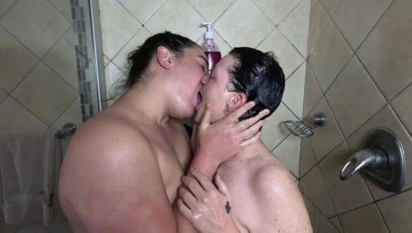 Stream the complete video called : Amateur Lesbian Shower Fun with Mature and Young BBW Soaping Up and Orgasm