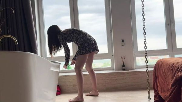 Enjoy watching uncensored clip : Skinny Russian Cleaning Lady In Short Dress Foot Fetish POV Worship