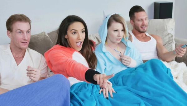 Stream this full scene called : Scared teen stepdaughters Adrian Hush & Cara May get happy ending massage from stepdads in taboo family movie