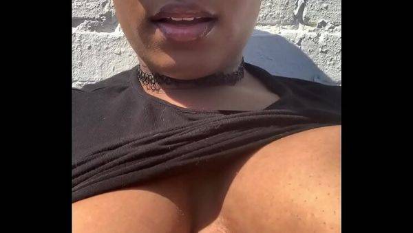 Play this complete clip named : Ebony Babe Karminy Plays With Her Shaved Pussy While Neighbors Are Home - Outdoor Masturbation & Twerking
