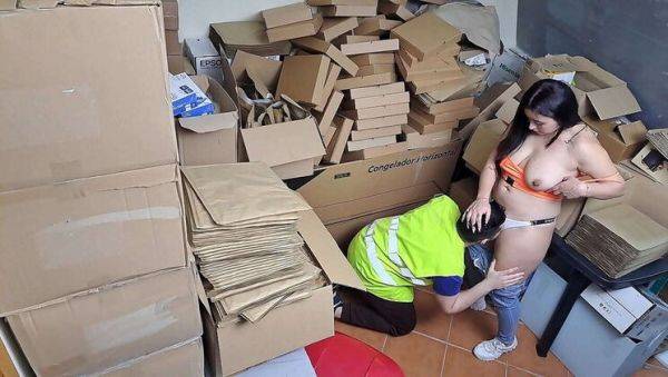 Play HD video called : Sexy Latina Boss Catches Worker Slacking Off in Warehouse - Squirting Miss & Hard Rock